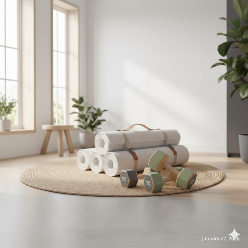 Conjunto mancuernas y esterillas.